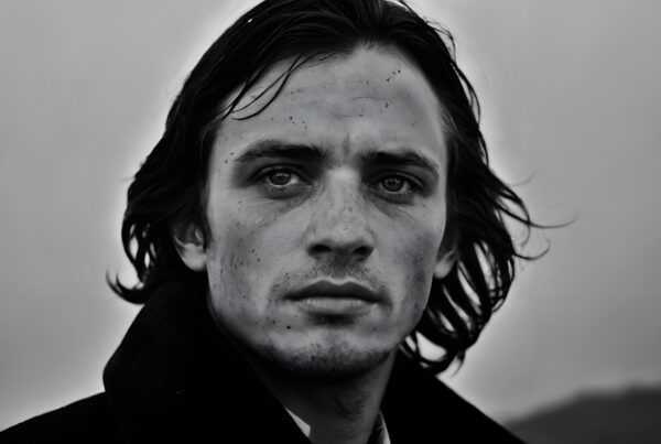 Black and white portrait of a serious man with long hair.