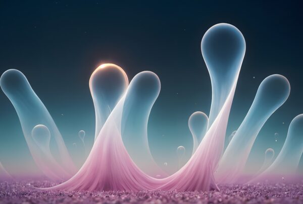 A surreal landscape with ethereal bubbles rising from a purple surface against a twilight sky.