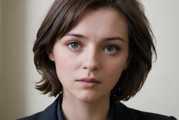 A close-up portrait of a person with short brown hair, directly gazing at the camera against a plain background.