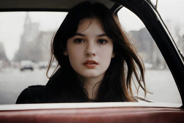 Portrait of a young woman gazing contemplatively through a car window with a blurred cityscape in the background.