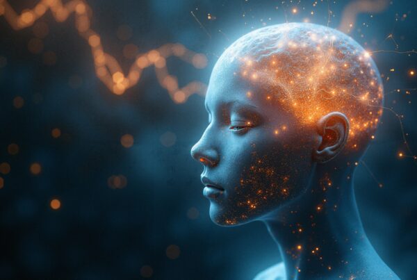 A digital art representation of a human head with glowing neural pathways, symbolizing the intersection of technology and cognition.