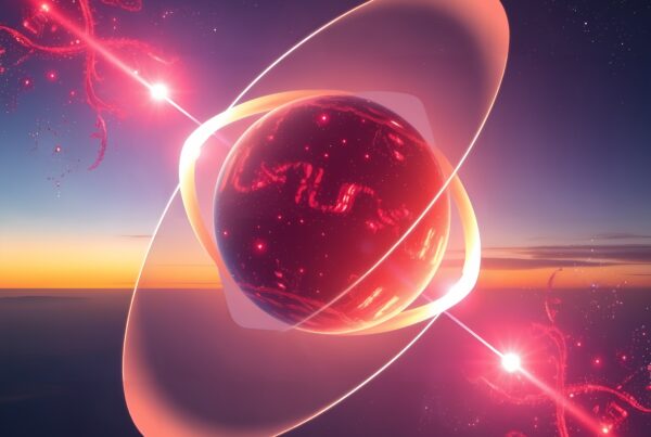 A glowing celestial orb with rings and energy streams set against a starry sky and warm horizon.
