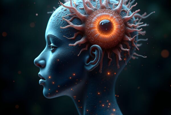 A futuristic humanoid with a glowing, tentacled eye structure on its head against a dark background.