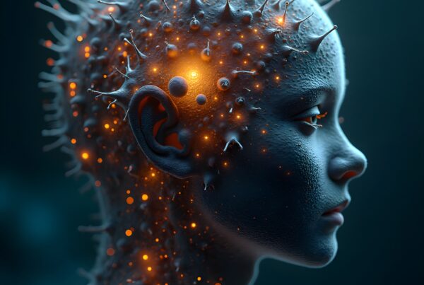 A futuristic human head with glowing elements and tendrils.