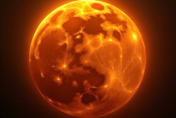 A luminous orange planet with fiery patterns in a dark space backdrop, reminiscent of solar activity.