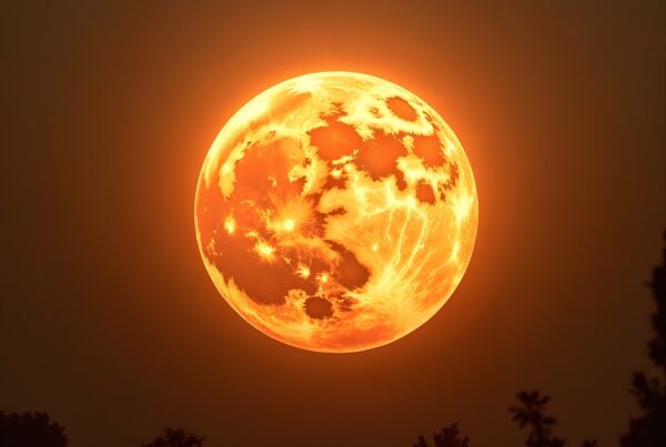 A glowing, fiery celestial body dominates a dusky sky above silhouetted treetops, creating a mesmerizing visual scene.