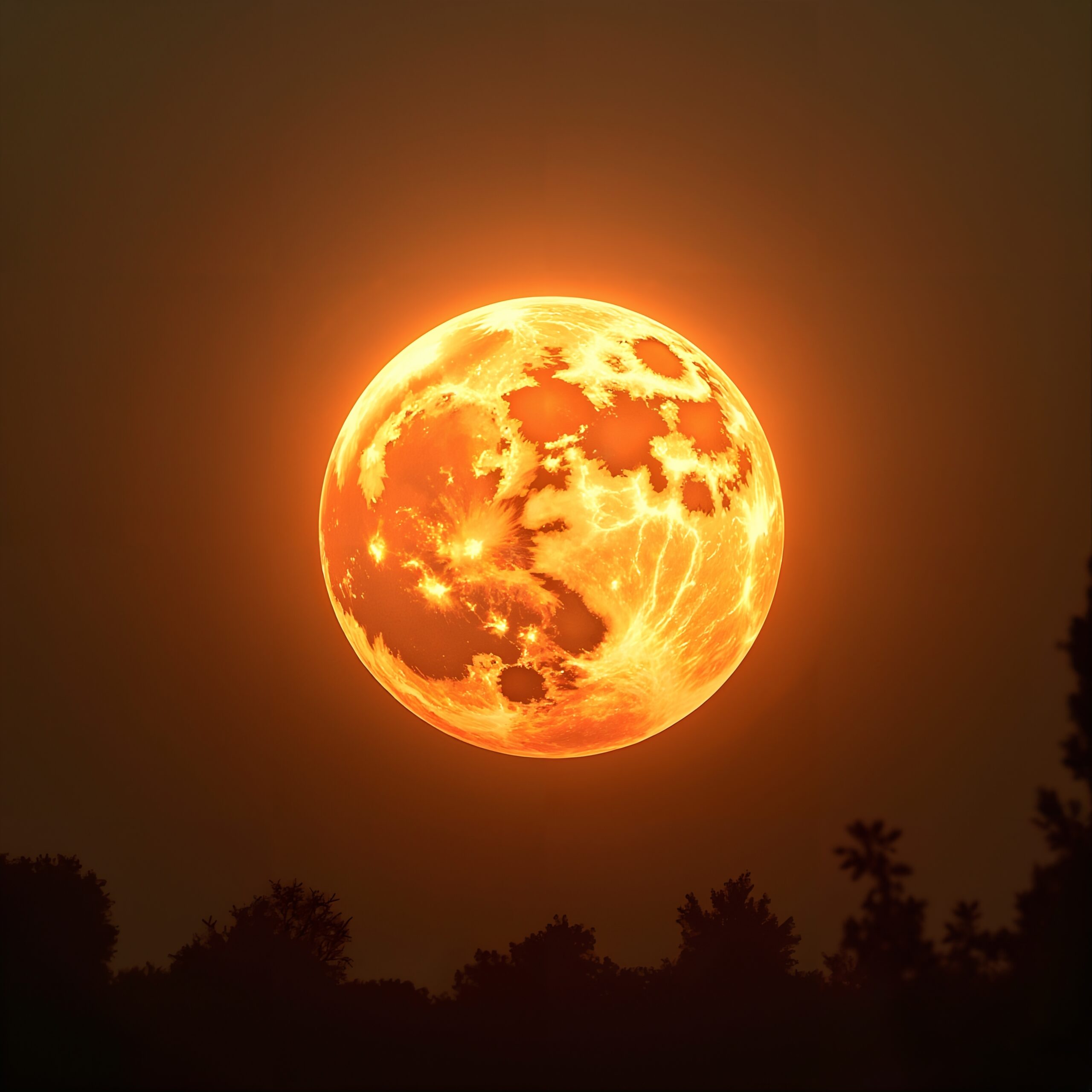 Fiery Celestial Orb Over Trees