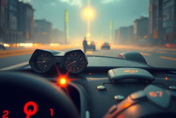Interior view of a high-performance car showcasing its dashboard, steering wheel, and cityscape through windshield under dramatic lighting.