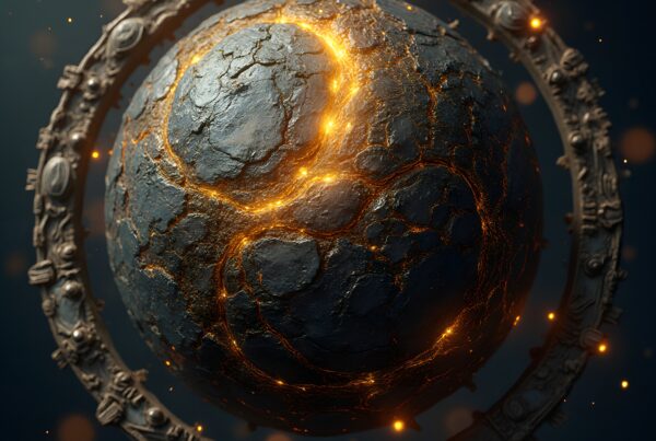 A luminous sphere with glowing cracks surrounded by an ornate ring in space.