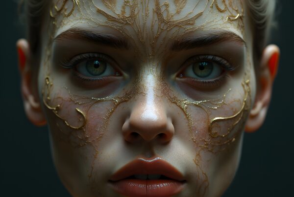 A close-up image of a face with gold decorative patterns.