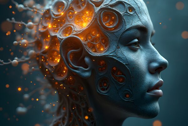 A futuristic human head with glowing, intricate, orange neural patterns on a textured blue surface.