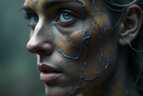 A close-up portrait of a woman with cracked, colorful skin and striking blue eyes, depicting an artistic and introspective expression.