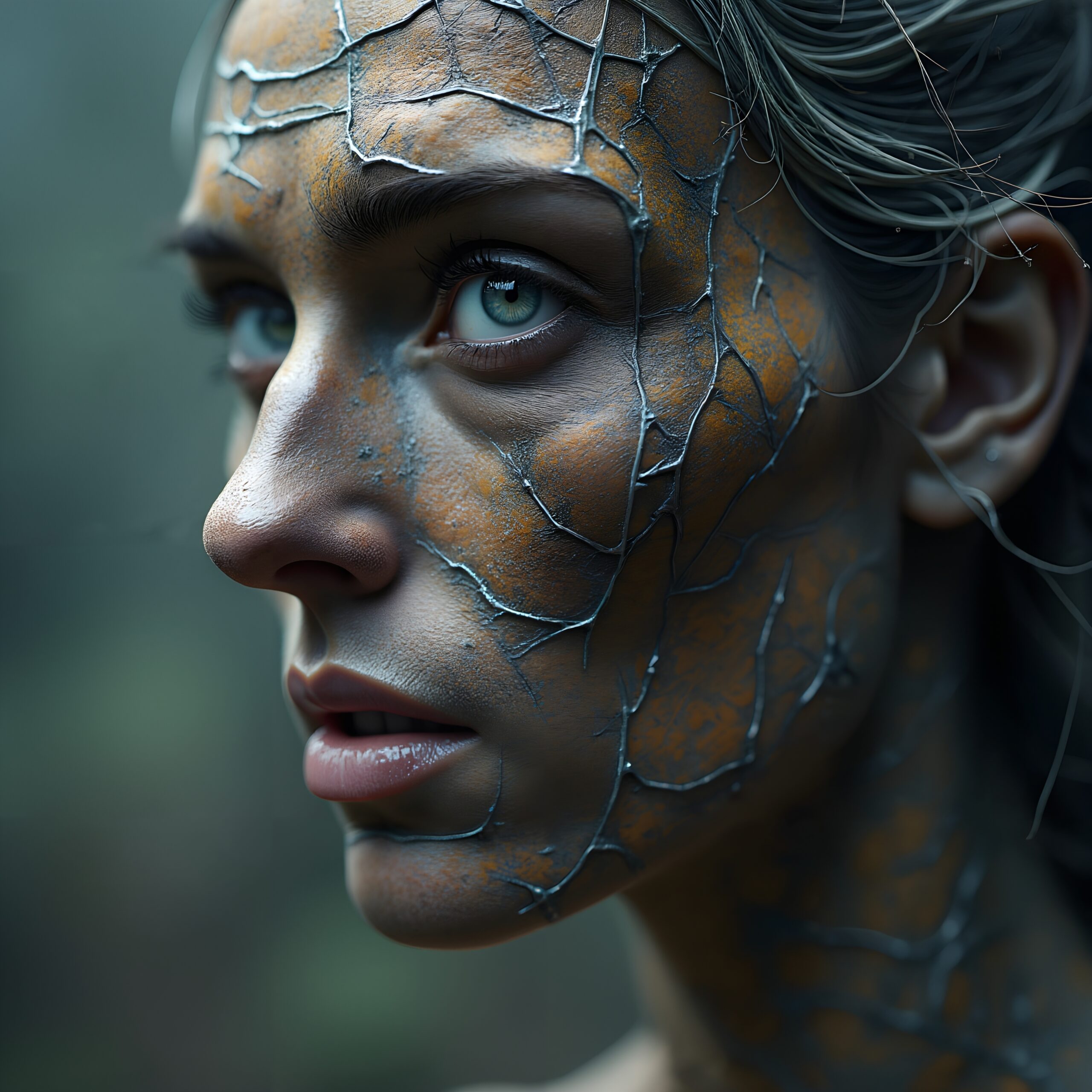 Cracked Face Introspective Eyes