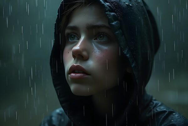 Young person in black hoodie looking up in rain.