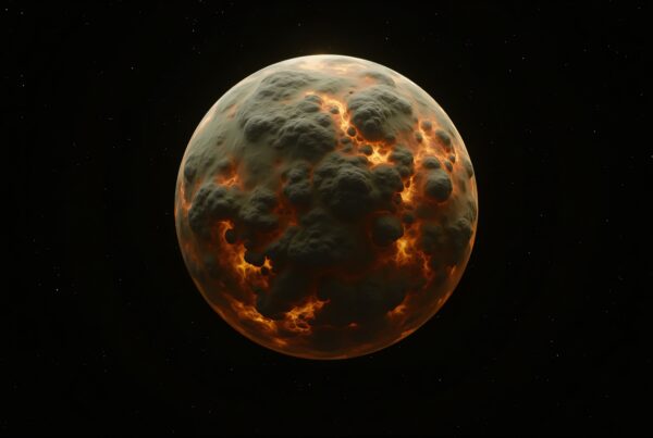 A glowing, lava-filled celestial body against a starry black background.