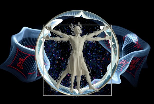 A futuristic depiction of a Vitruvian Man set against a cosmic backdrop, intertwined with abstract scientific shapes.