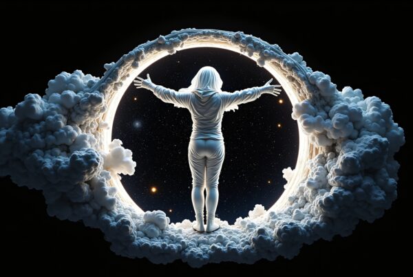 A person stands in front of a circular cloud portal in space, surrounded by stars.