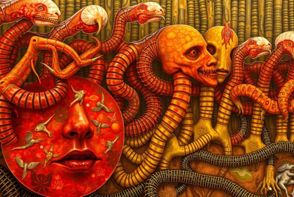 A surreal artwork featuring vibrant, intertwined serpentine figures with humanoid faces and intricate details.