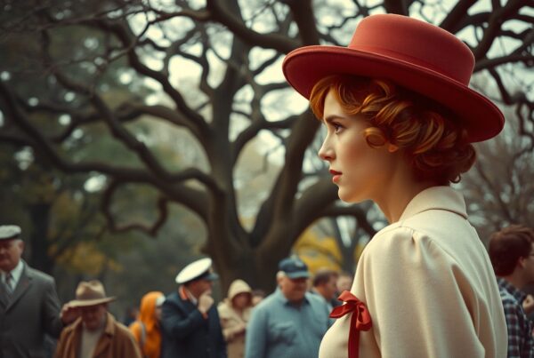 Profile of a woman in a vintage red hat standing in a crowd with trees in the background, evoking nostalgia and timeless elegance.