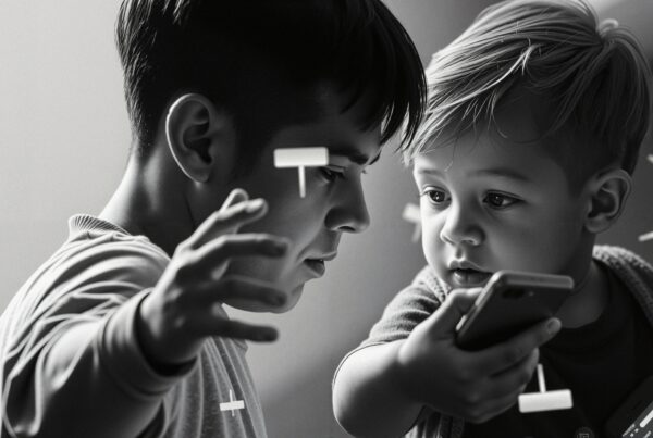A child and teen interact with a smartphone, surrounded by digital elements, reflecting their engagement with modern technology.