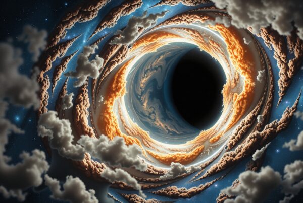 A swirling cosmic vortex with glowing clouds against a starry space background.
