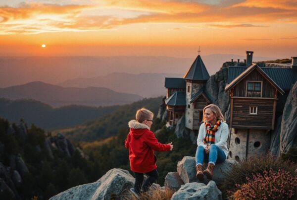 A boy and woman converse on rocks with a mountain sunset and rustic house in the background.