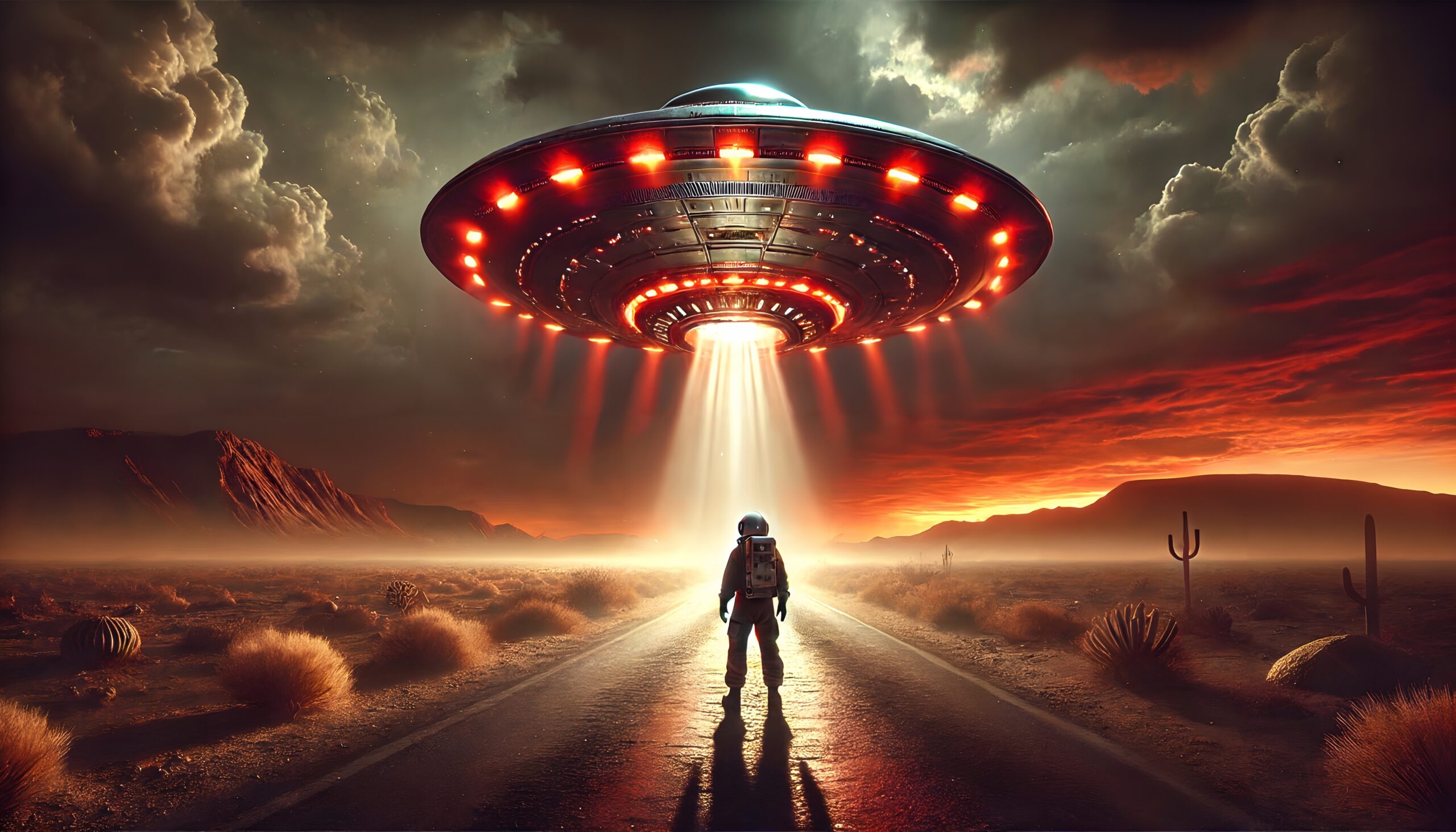 Lone Astronaut on Desert Road Under UFO