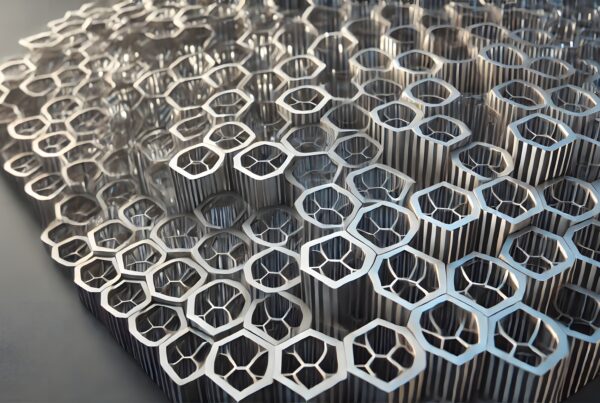 Futuristic metallic hexagonal pattern with reflective surfaces.