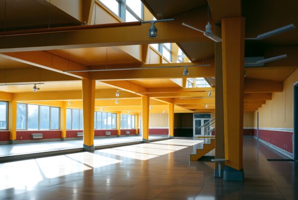 Bright and airy modern interior with open design and warm colors.