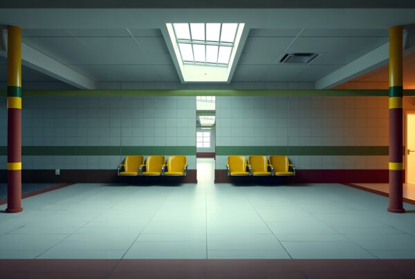 A modern interior with yellow seats, colorful columns, and a skylight.