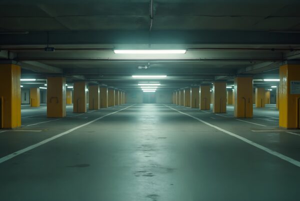 A spacious underground parking garage with yellow columns and fluorescent lighting.