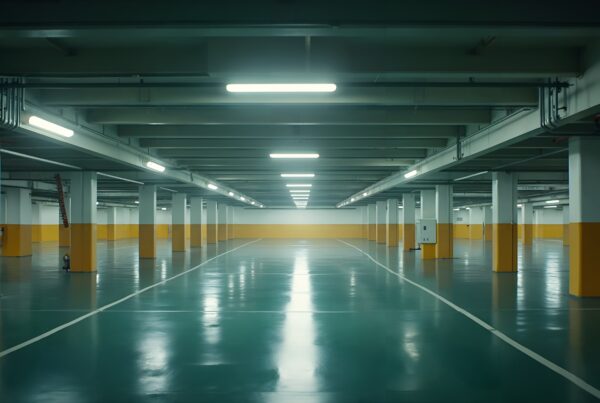 A vast underground parking garage with polished floor and bright fluorescent lights.