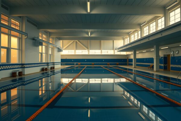 A tranquil indoor swimming pool with bright orange lane dividers and natural light streaming through large windows.