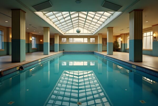 Indoor swimming pool with skylight reflecting in calm water.