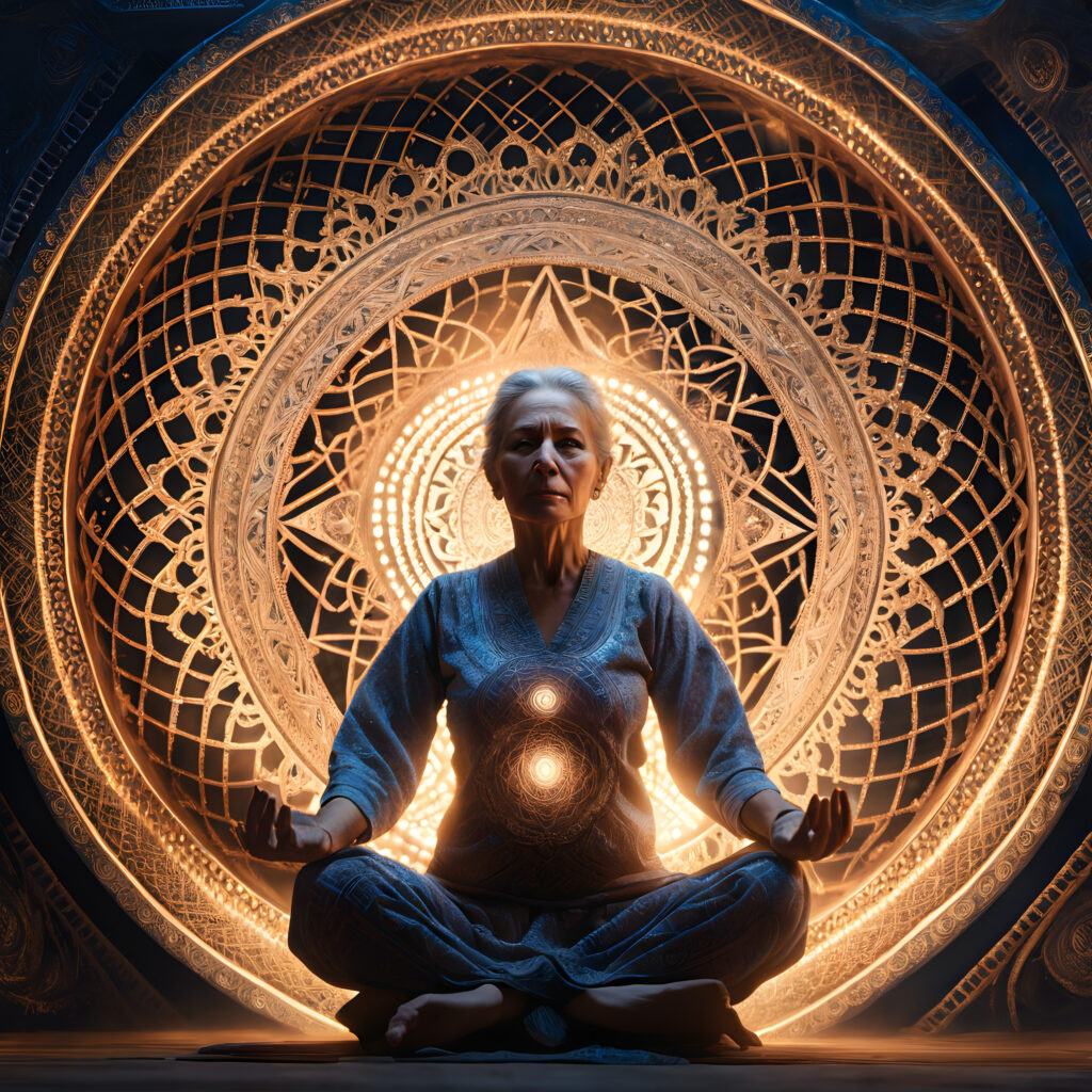 Elderly Woman Meditating in Golden Mandala Sanctuary