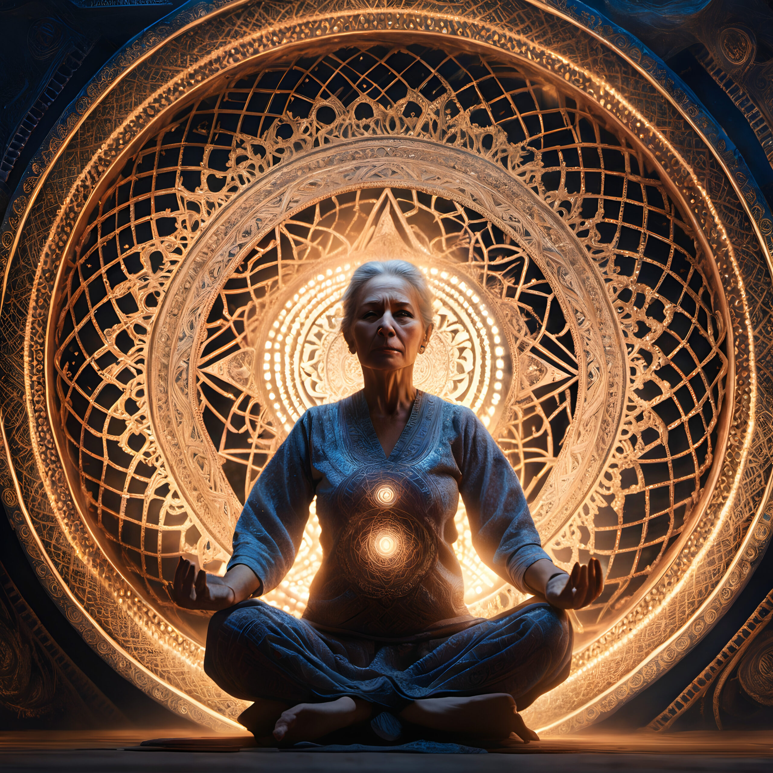 Elderly Woman Meditating in Golden Mandala