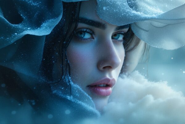 A woman with piercing blue eyes stands enveloped in a frosty, dreamlike atmosphere, her dark hair covered by a sheer, ice-laden veil.