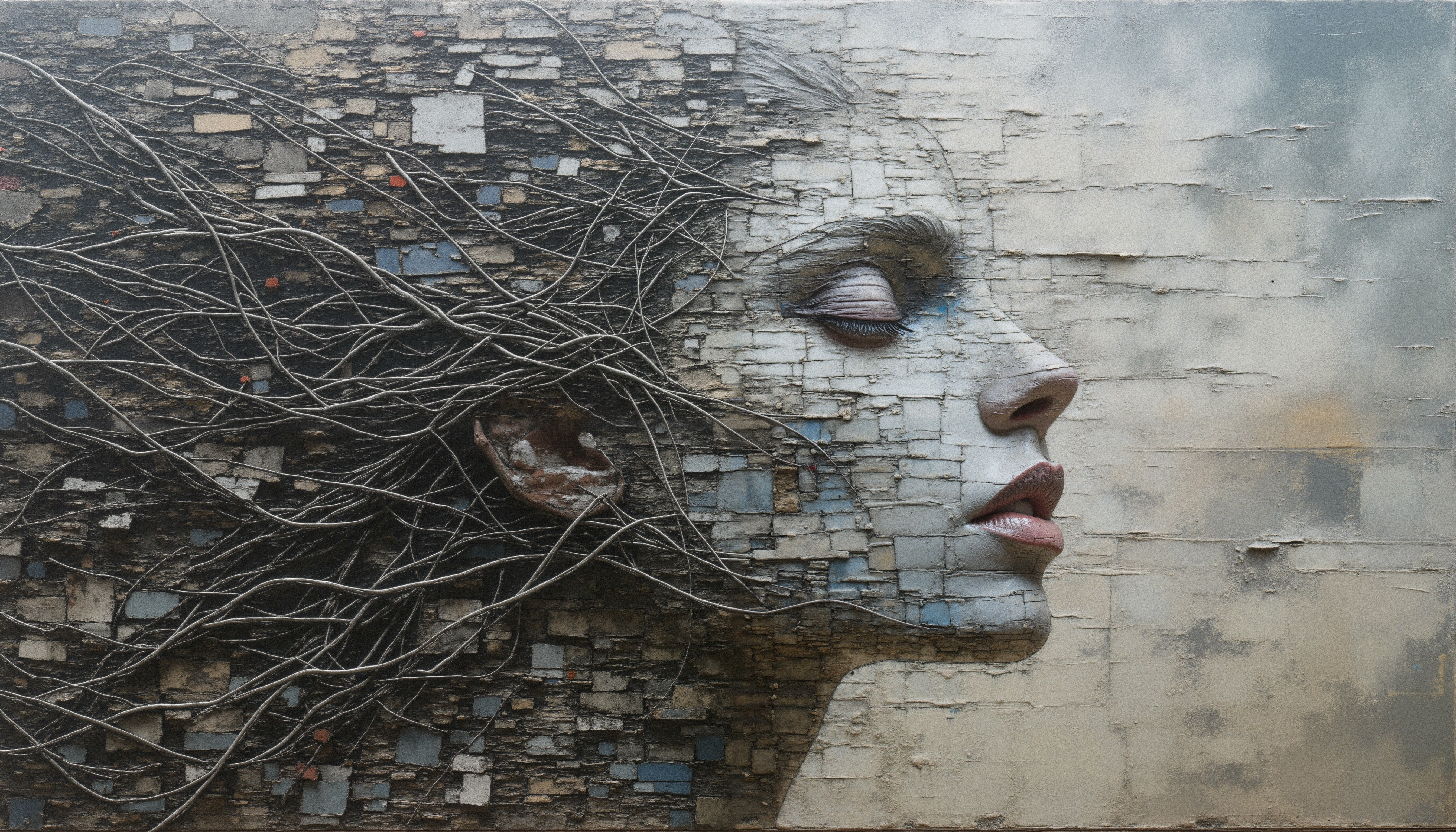 Surreal Mosaic Portrait with Vines