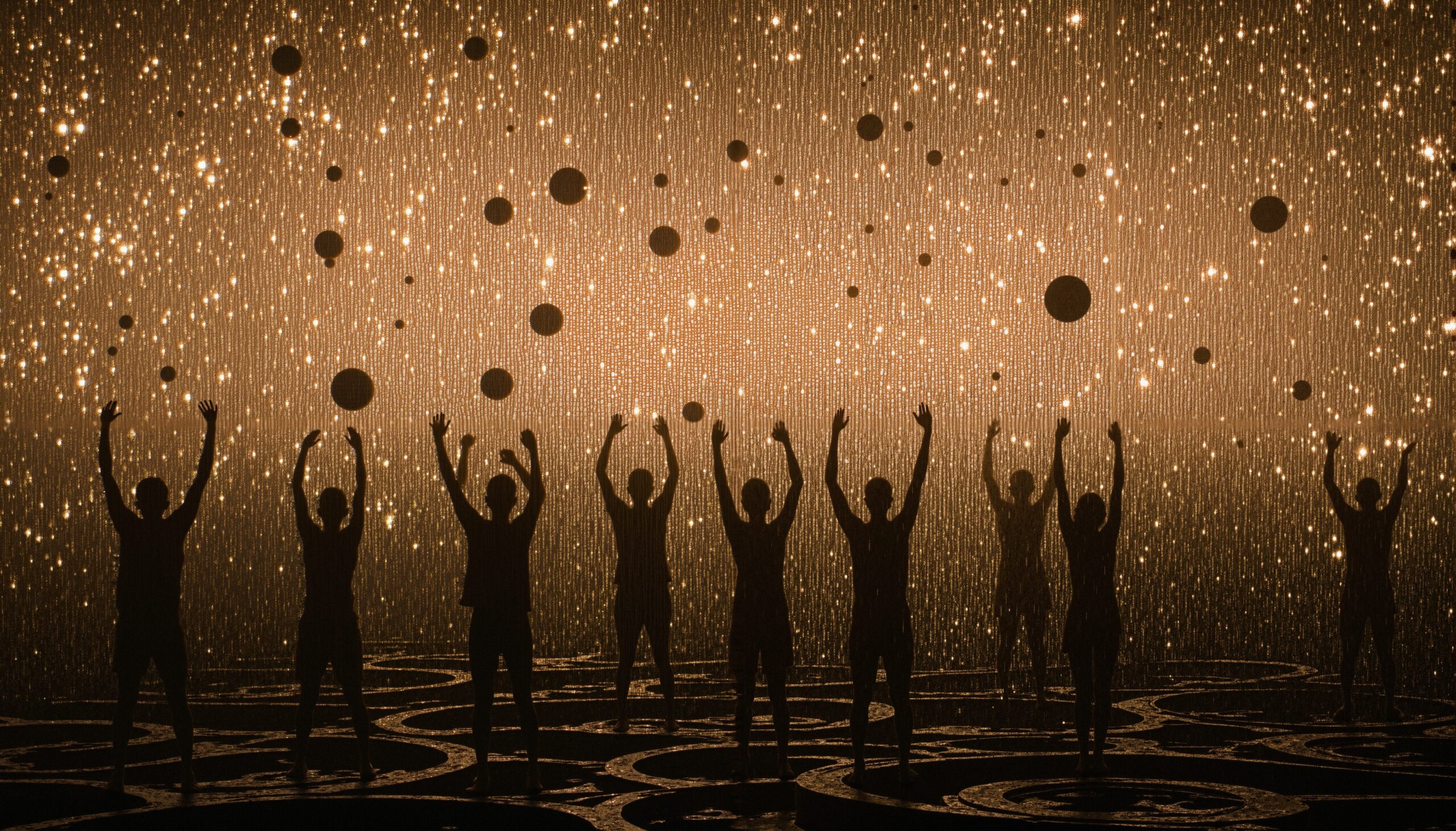 Silhouettes Against Shimmering Light Display