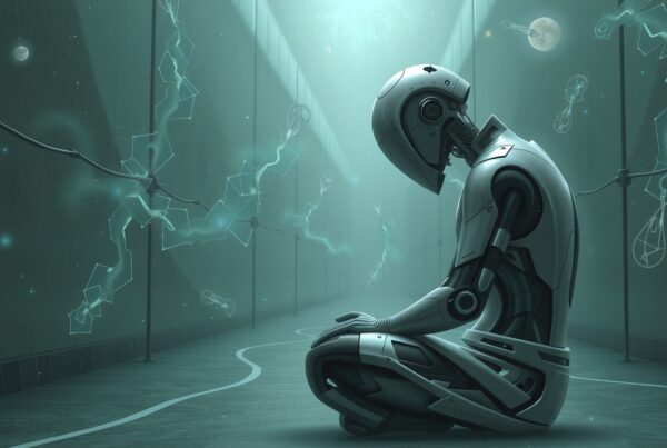 Image of a humanoid robot kneeling on a futuristic pathway amidst glowing geometric shapes and celestial bodies, creating a scene of technological contemplation.