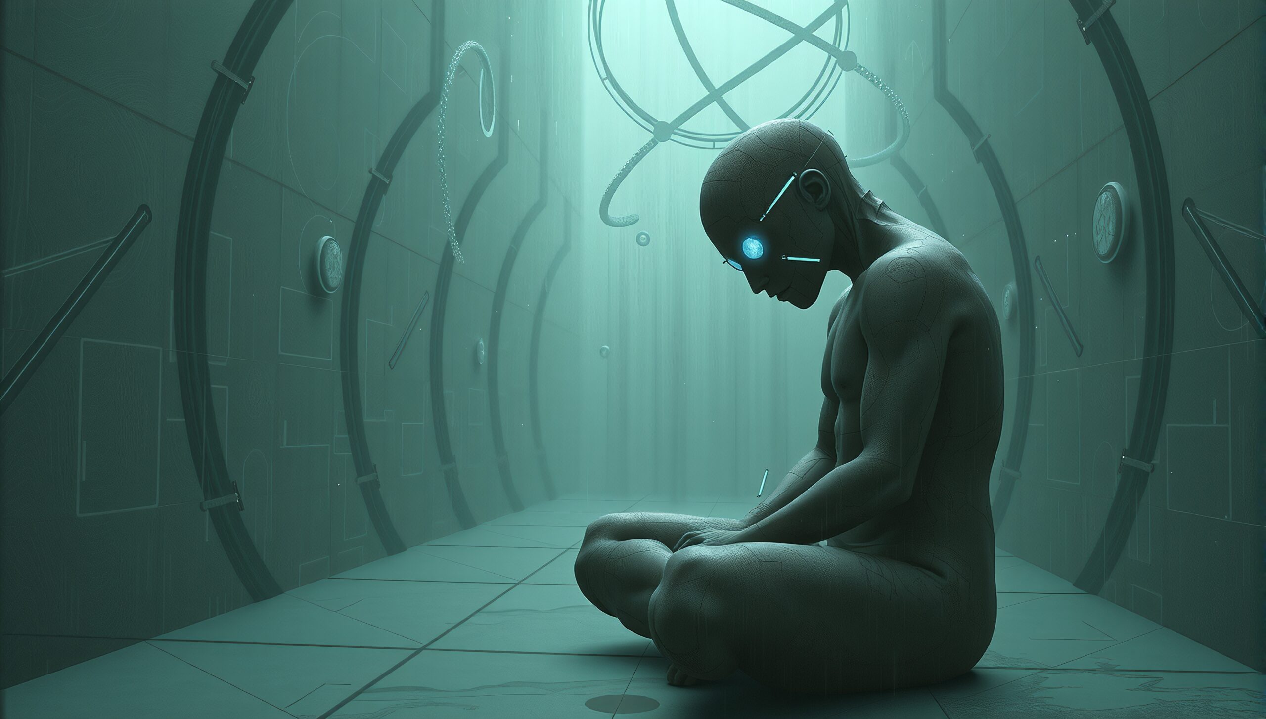 Contemplative Robot in Futuristic Corridor