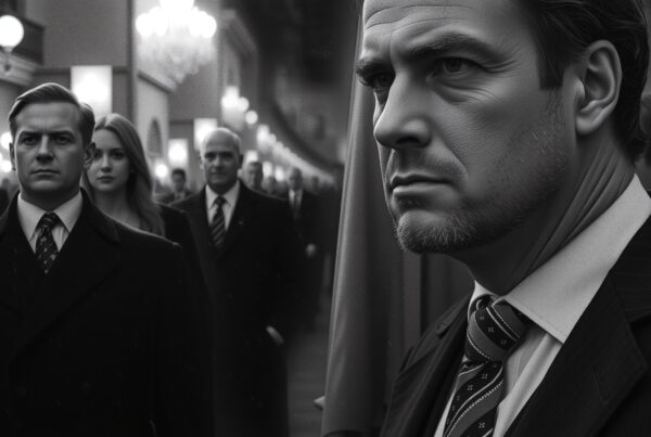 Black-and-white image of formally dressed people at an elegant gathering with serious expressions.