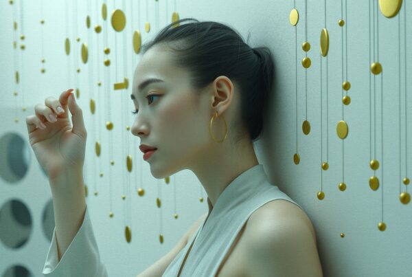 A contemplative woman, adorned in elegant white, interacts with golden hanging decorations against a textured wall.