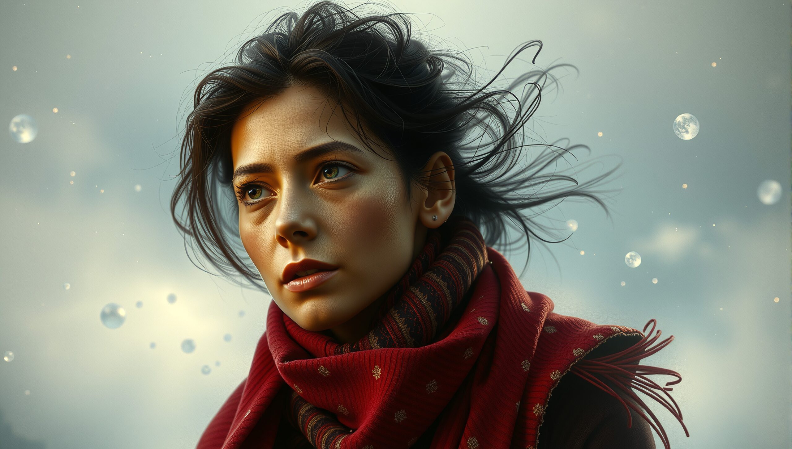 Reflective Gaze Amidst Floating Orbs