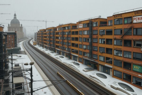Snow-covered urban buildings with tracks and dome.