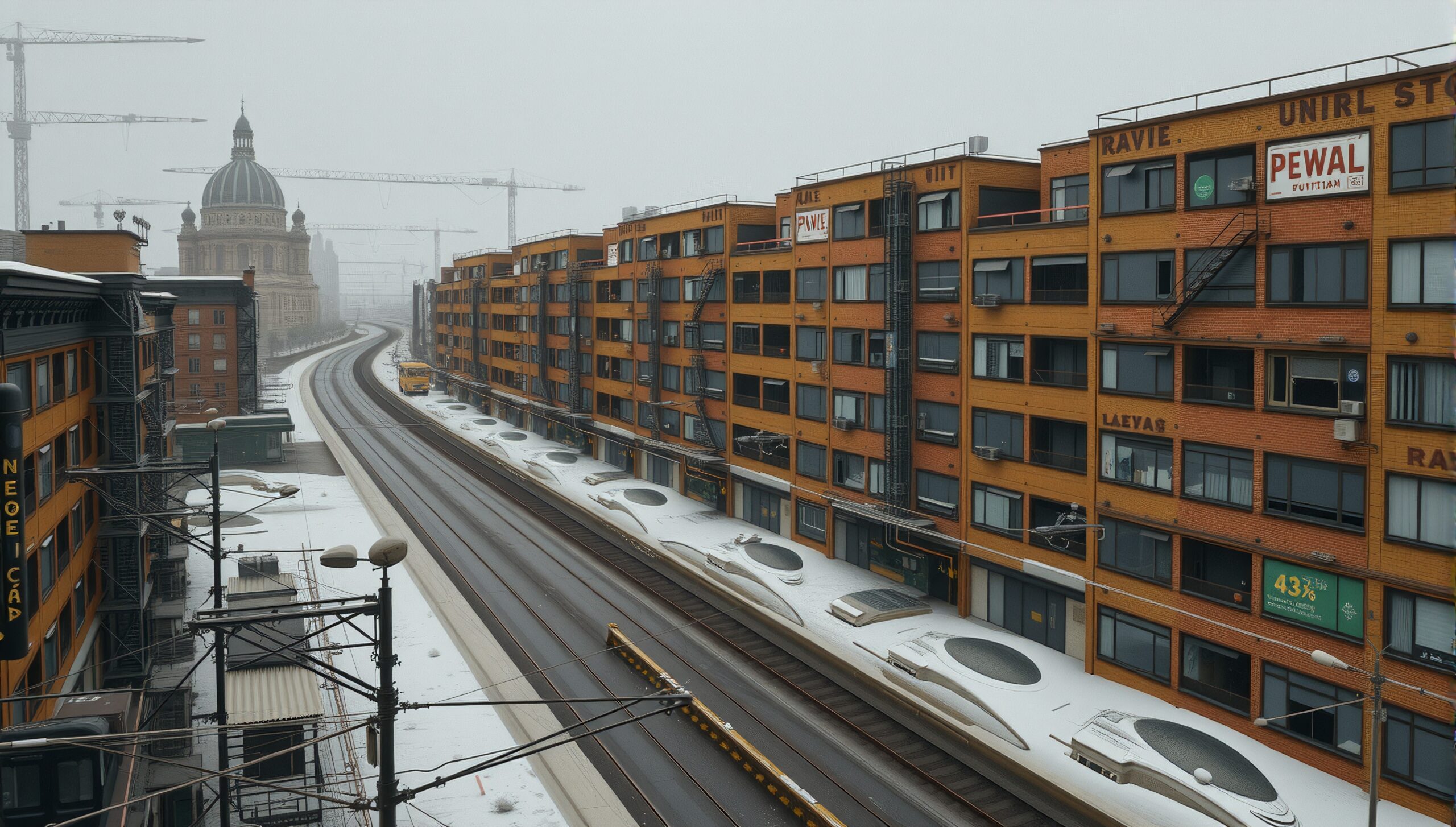 Snowfall over the bustling cityscape