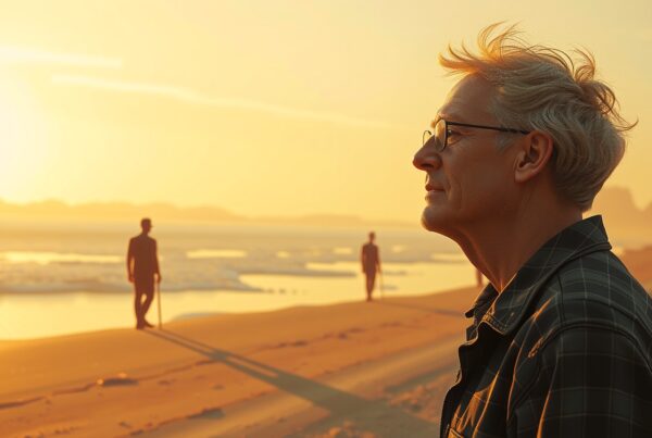 A man with glasses stands on a beach at sunset, two figures in the background, creating a serene and reflective scene.