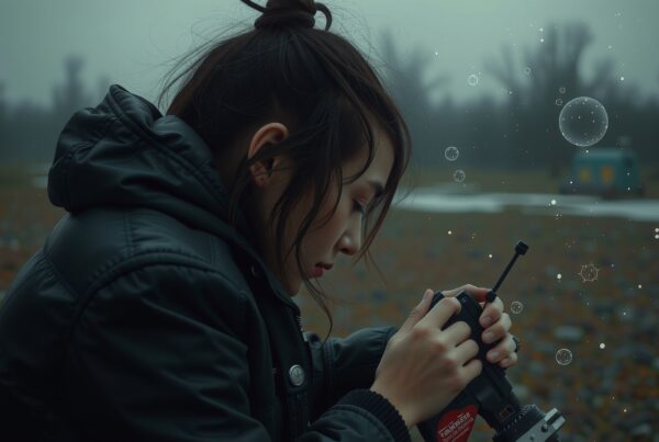 A young woman focusing on her device in a misty field, surrounded by floating bubbles and an ethereal atmosphere.