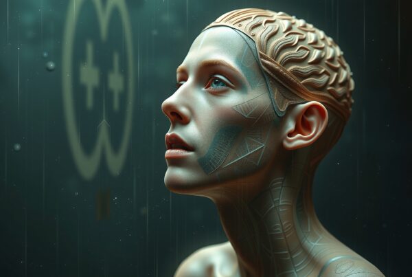 A futuristic humanoid figure with cybernetic features and a brain-like exterior gazing upward.
