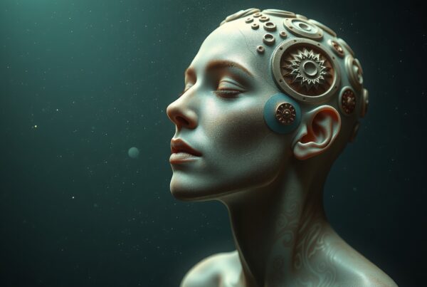 A serene humanoid figure with intricate mechanical features against a starry backdrop.
